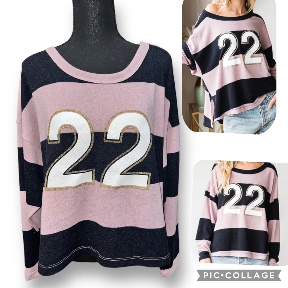 BUCKETLIST Pink and Black Striped Number 22 Sweater